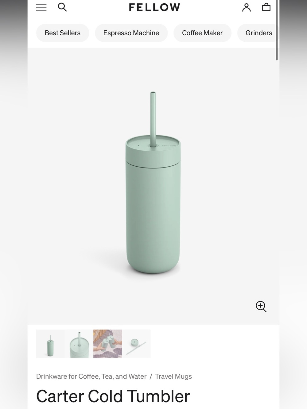 Fellow Carter Cold Tumbler in Mint Green with Straw